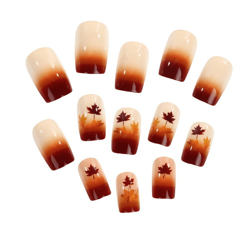 48 Pcs Maple Leaf Gradient Short Square Press-On Nails for Autumn