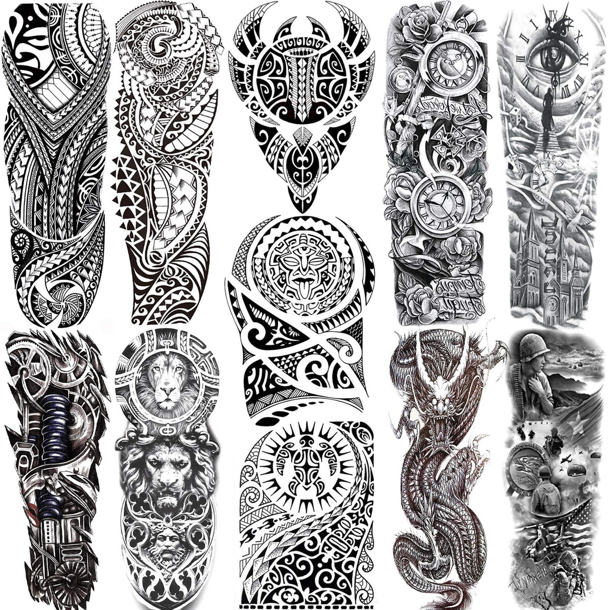 Temporary Tattoo Sleeve Set 11 Sheets Maori Tiki Turtle Manta Waterproof Full Arm