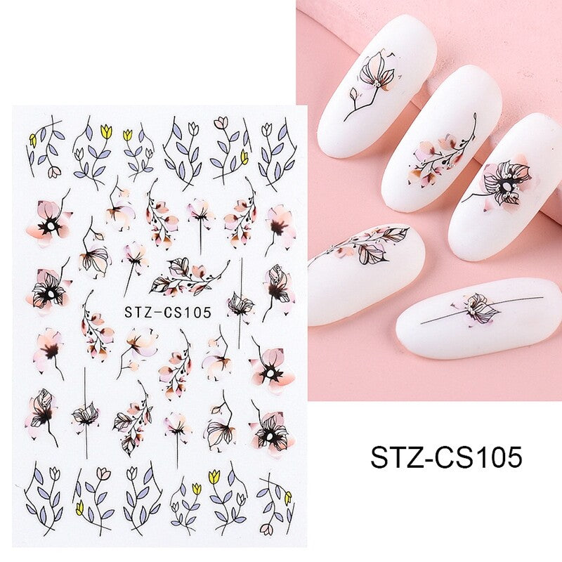 Geometric Flower Nail Sticker Set - Blossom Branches Leaf Decals for Nails