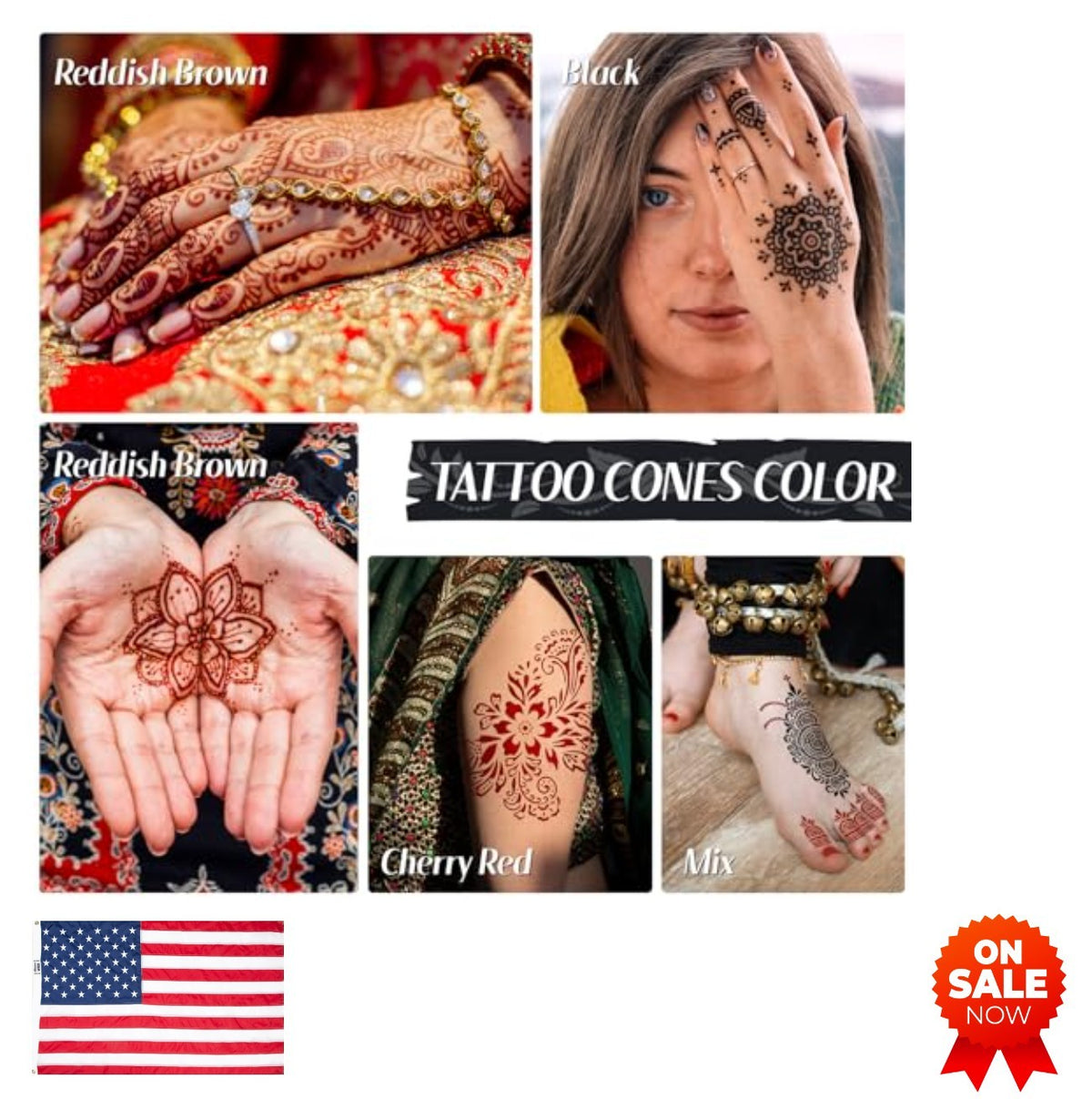 Temporary Tattoo Cone Kit 14 Pcs in 3 Colors – Black, Cherry Red, Reddish-Brown Skin