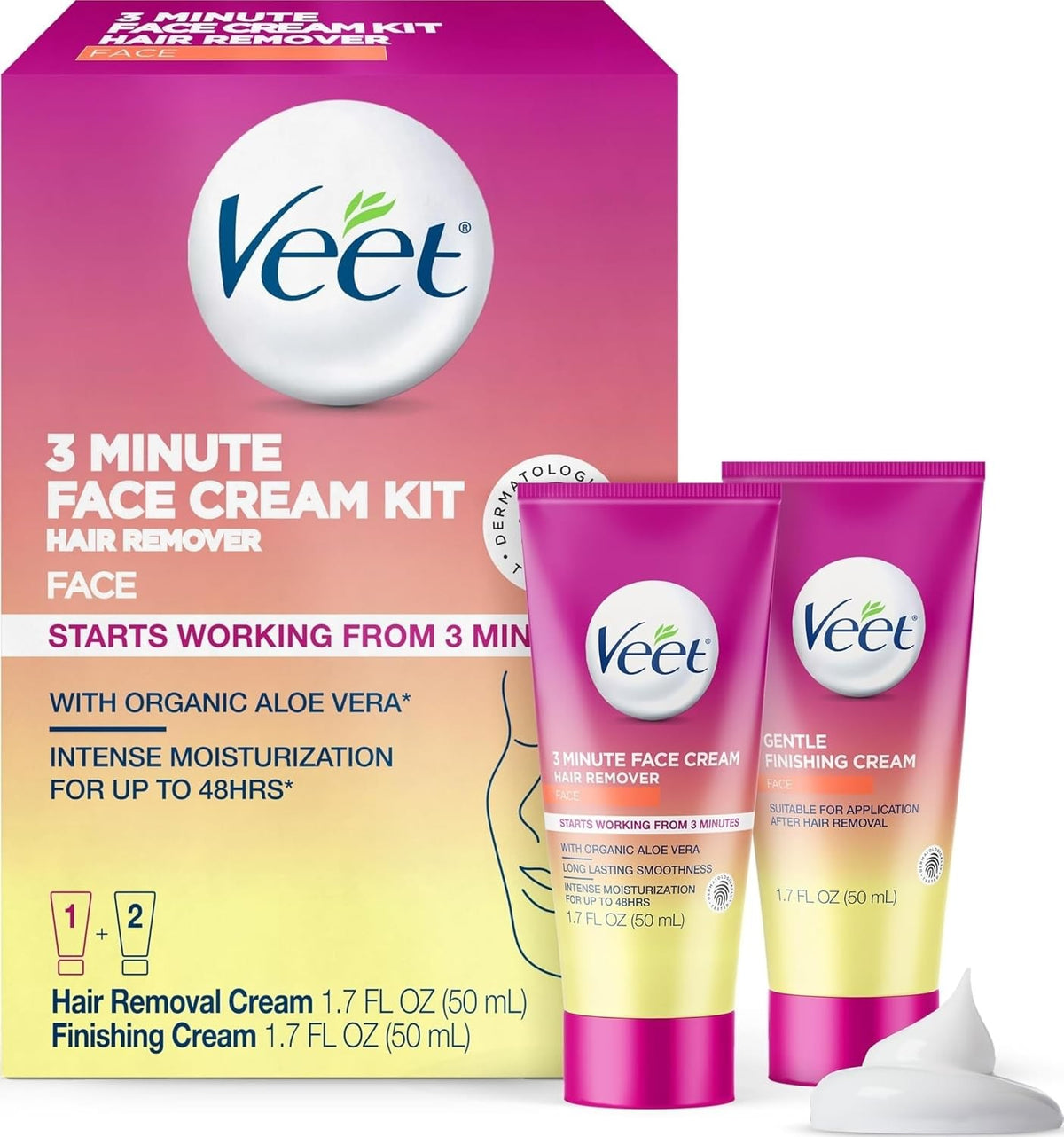 Facial Hair Removal Cream for Women - 3 Minute Depilatory with Organic Aloe Vera
