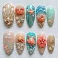 Beach Themed Press-On Nails with 3D Shell Turtle Starfish Hibiscus Design - Handmade Summer Nail Set