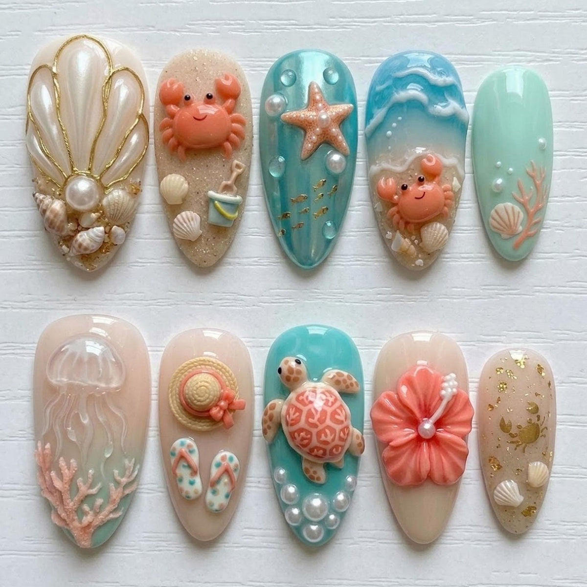Beach Themed Press-On Nails with 3D Shell Turtle Starfish Hibiscus Design - Handmade Summer Nail Set