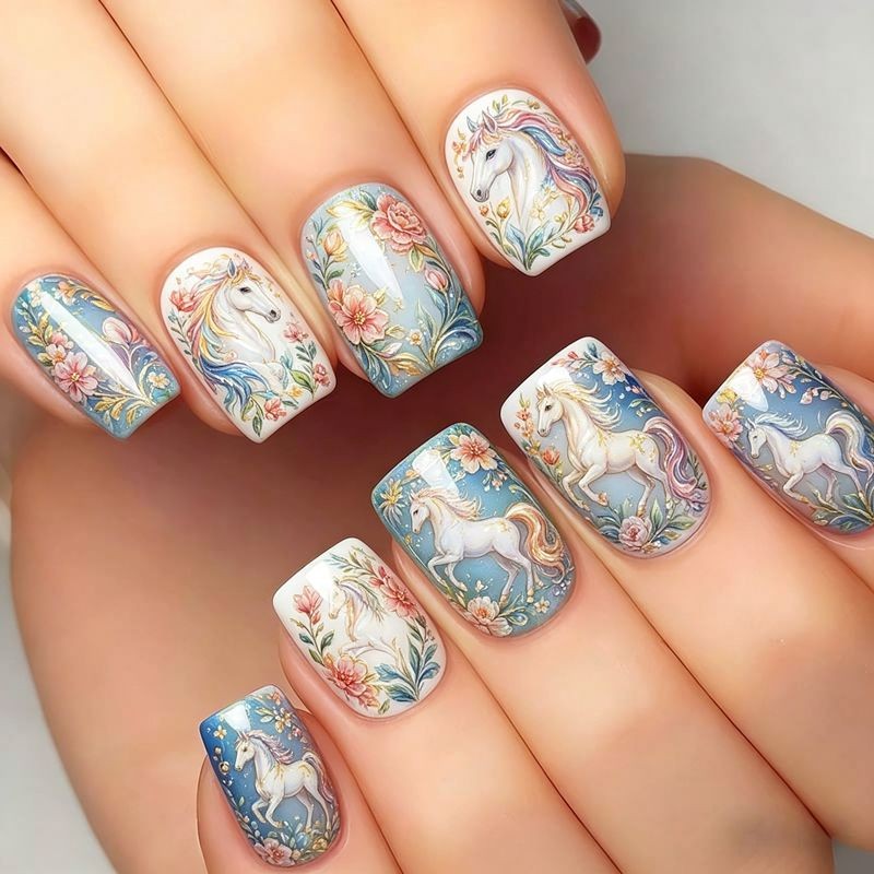 96Pcs Short Square Nail Set with Hand Painted Unicorn Hippo Hummingbird & Flowers