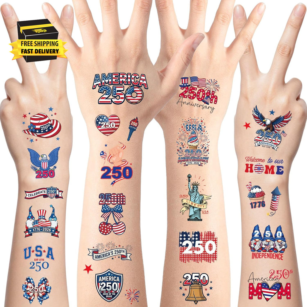 4th of July 80‑Piece Temporary Tattoos 250th Anniversary USA, Waterproof Kids Party Pack