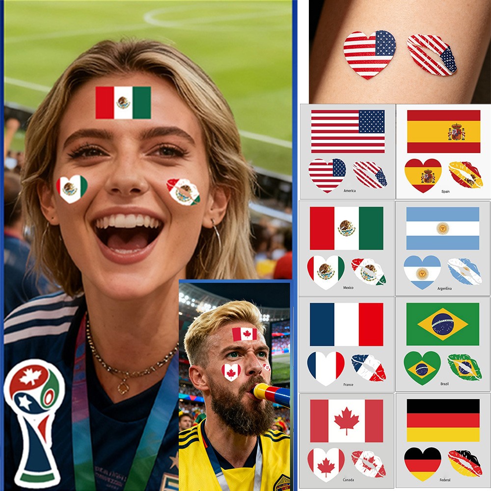 Temporary World Cup Face Tattoos 10 Sheets - USA Canada Mexico Flag Decals