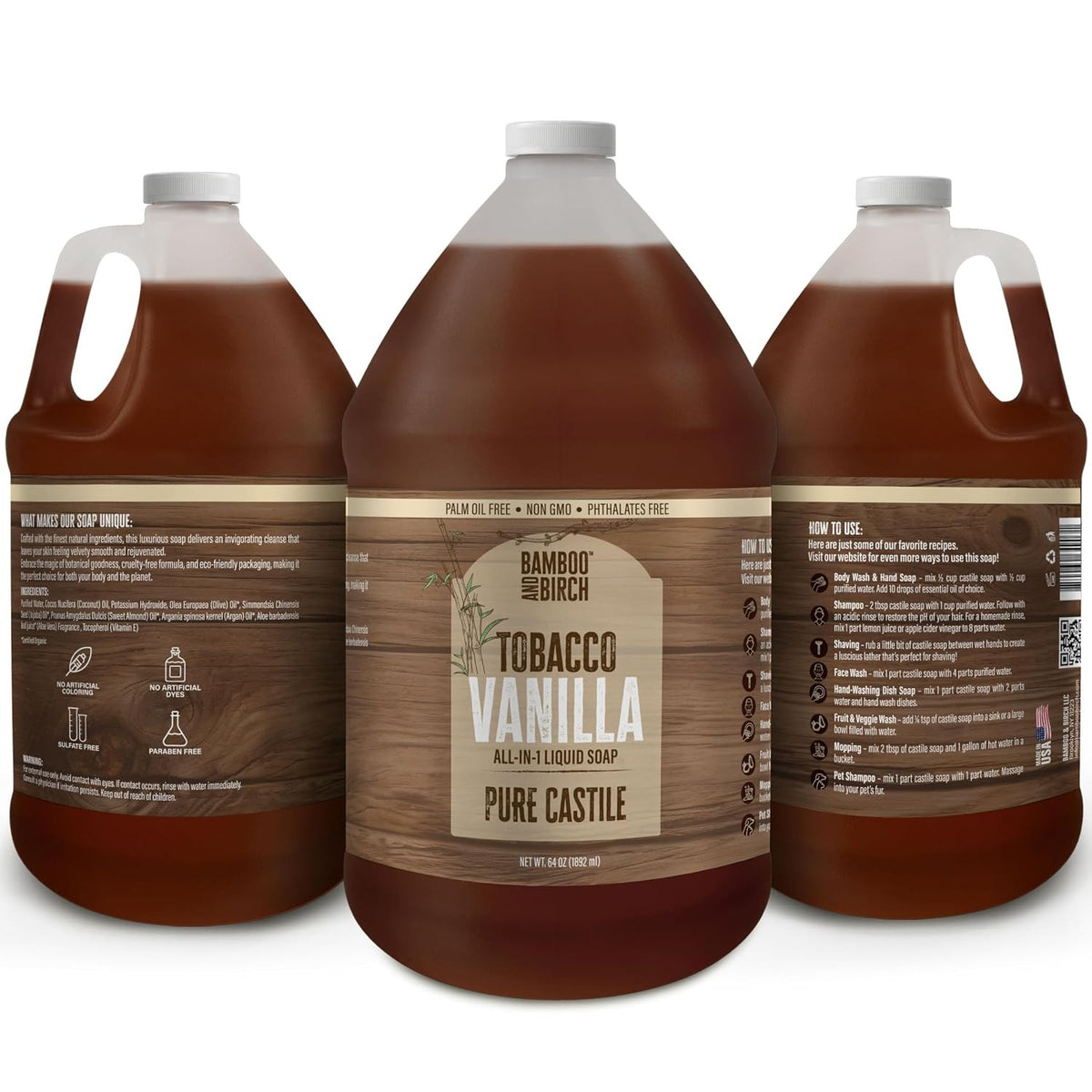 Organic Castile Soap Tobacco Vanilla 64 oz Palm Oil Free Natural Body Wash