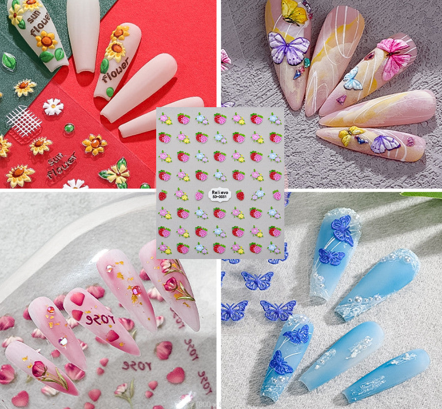 Nail Art Sticker Sheets with Butterfly, Bow, Star, and Fruit Designs - 100% Resin Decals
