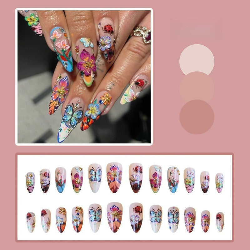 3D Floral Ladybug Press-On Nails Long Stiletto Colorful Garden Acrylic Nails