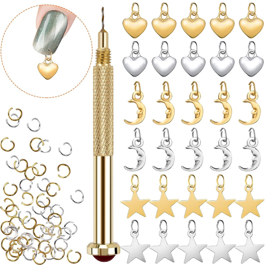 71 Pcs Nail Art Charms Set with Dangle Jewelry Rings & Nail Piercing Tool