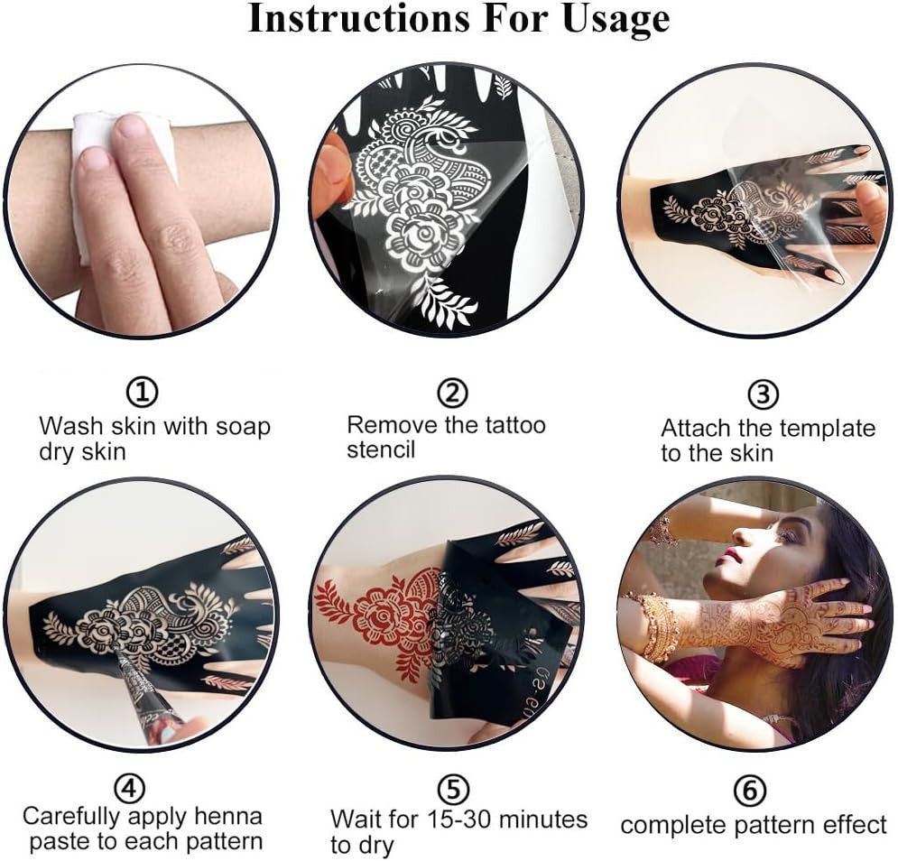 Henna Tattoo Stencil Kit for Hands and Arms - 12 Sheets