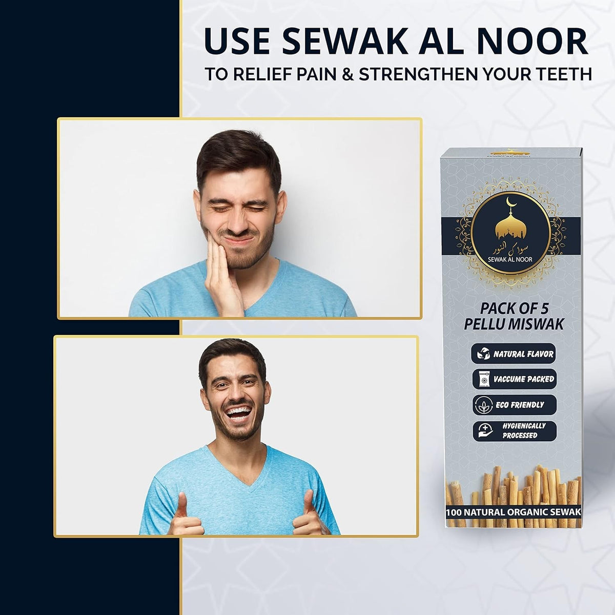 Natural Miswak Teeth Cleaning Sticks Pack with Holder - Vacuum Sealed Oral Care