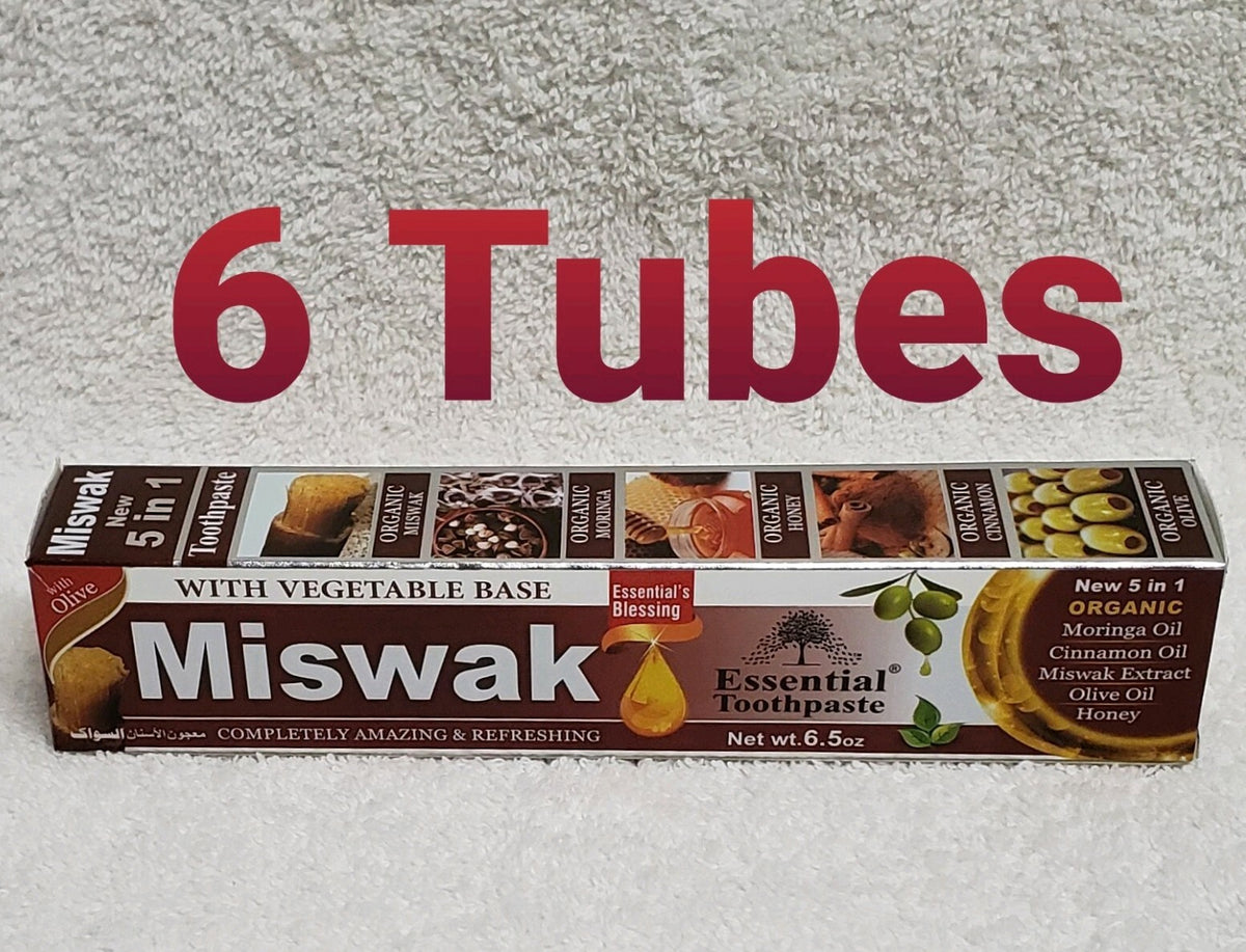 Natural Miswak Toothpaste 6 Pack - Fluoride-Free 5 in 1 Oral Care with Herbal Oils