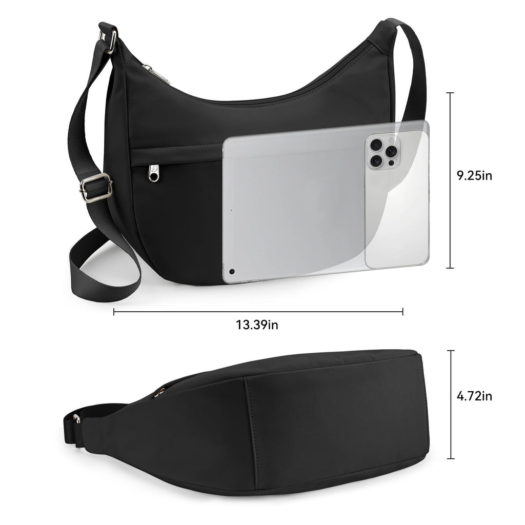 Medium Nylon Crescent Shoulder Bag - Unisex Crossbody Purse with External Pocket