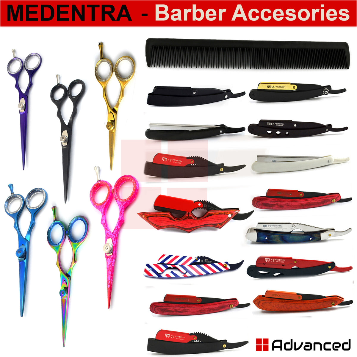 Professional Barber Hair Cutting Shears & Straight Edge Razors - Stainless Steel