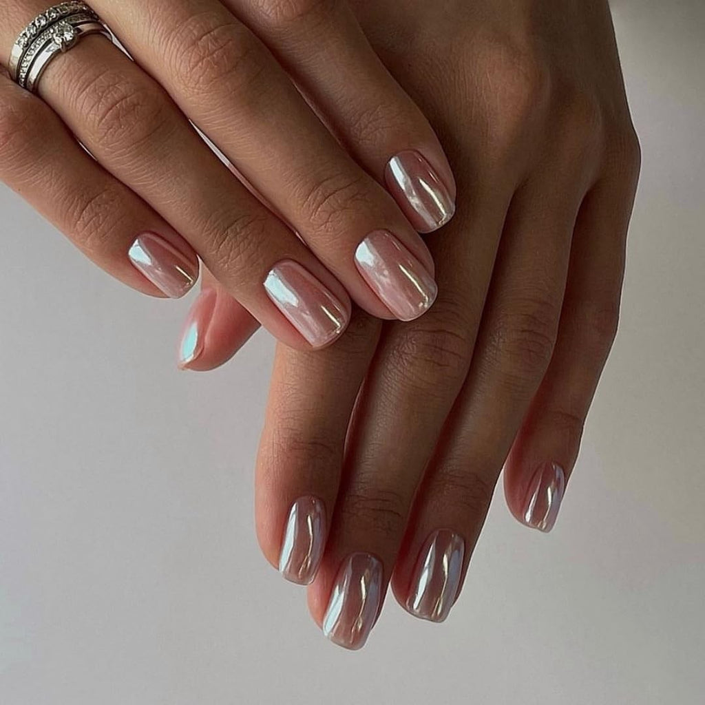 Short Nude Press On Nails with Chrome Finish - Pack of 24, Square Peach