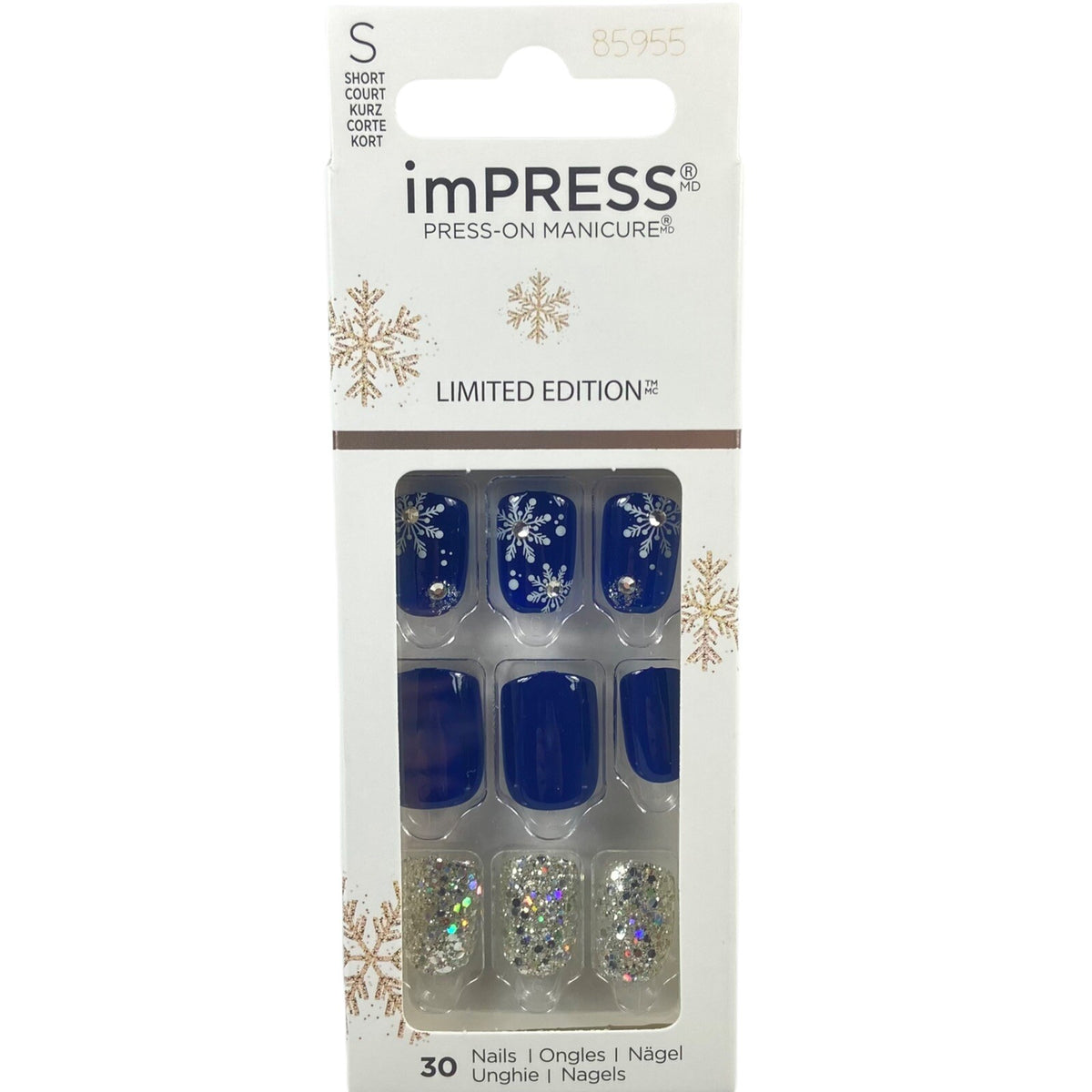 Dark Blue Snowflake Christmas Press On Nail Set - Short Gel Manicure