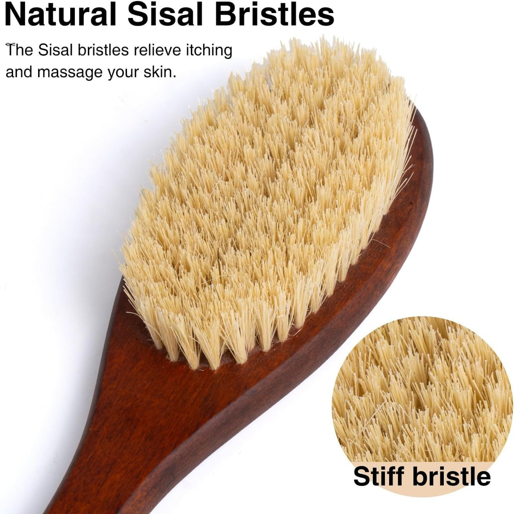 Wooden Bath Brush with Sisal Bristles & Long Handle for Shower Back Scrubbing
