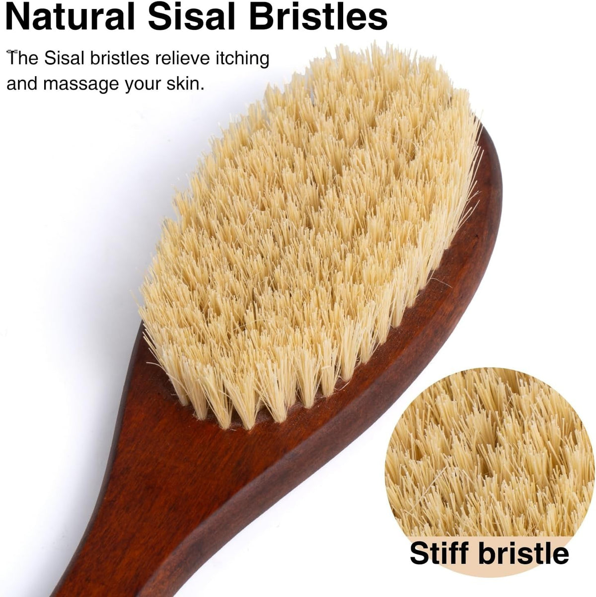 Wooden Bath Brush with Sisal Bristles & Long Handle for Shower Back Scrubbing