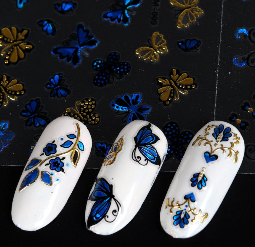 Gold Blue Lace Butterfly Floral Nail Art Stickers Set - 10 Sheets