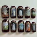 Halloween Ghost Press On Nails - Handmade Short Square Fake Nail Set with Gold Frame