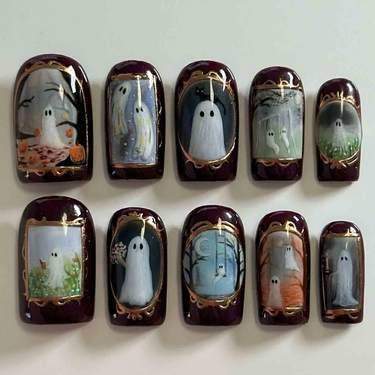 Halloween Ghost Press On Nails - Handmade Short Square Fake Nail Set with Gold Frame