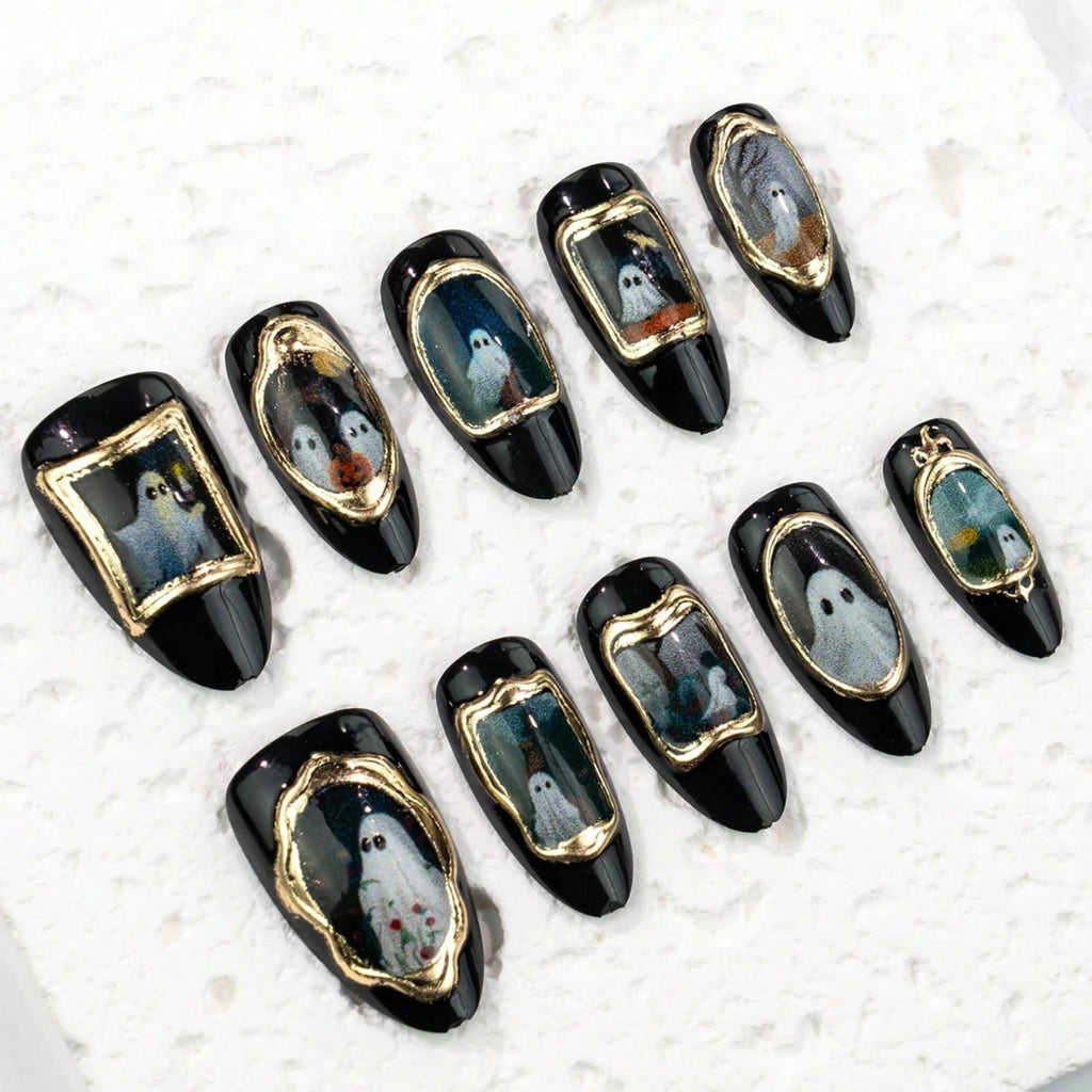 Gothic Ghost Press-On Nails Set - Halloween Fake Nails for Women, 10 Pieces