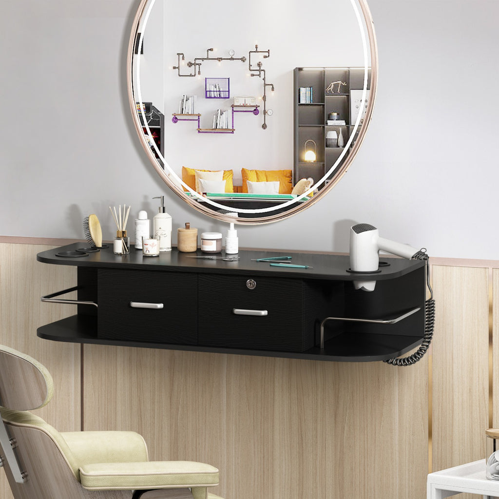 Wall Mounted Salon Station with 2 Drawers and 5 Tool Holders - Black