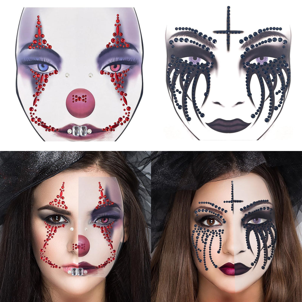 2 Pack Halloween Face Gems Jewels - Clown & Nun Self-Adhesive Rhinestone Tattoos