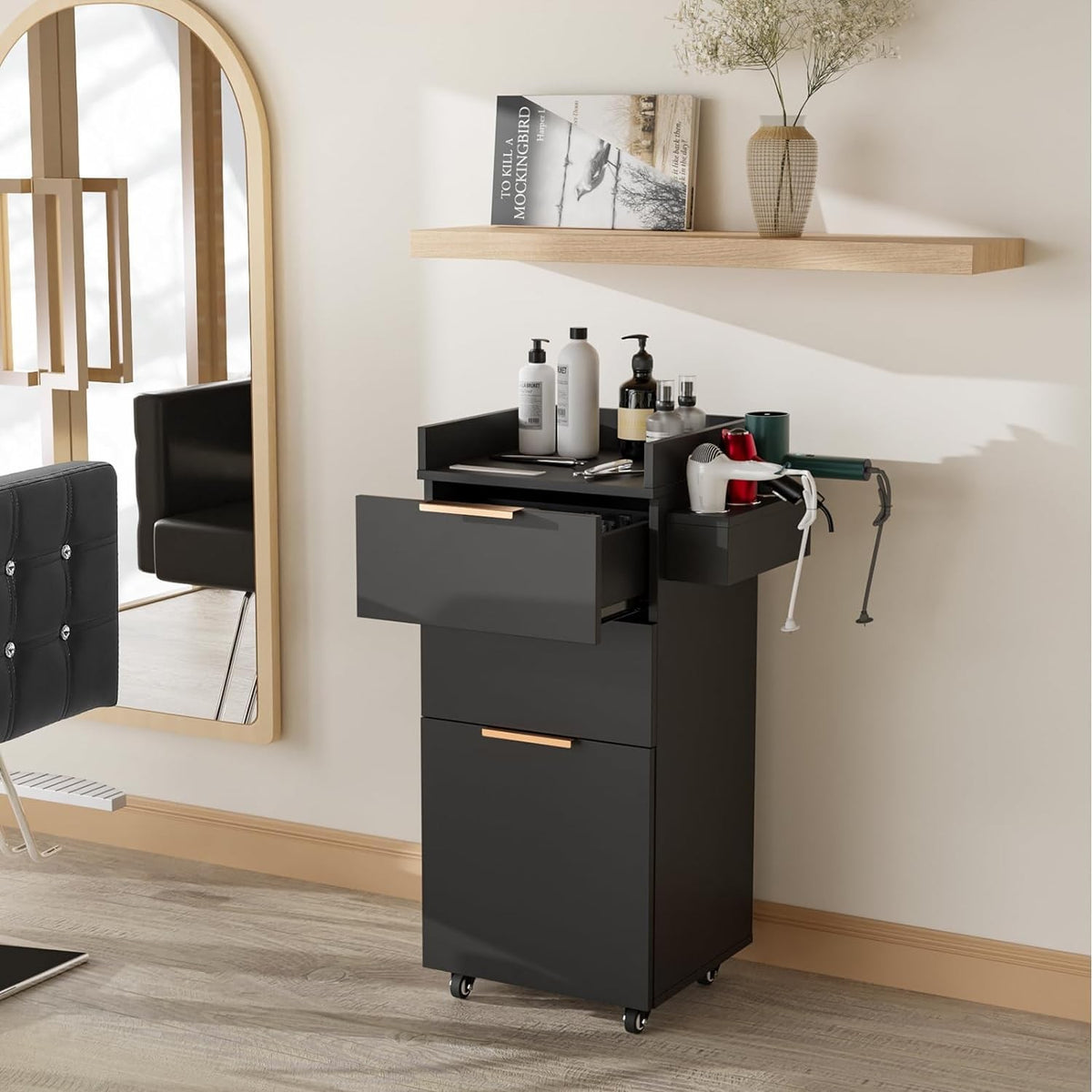 Salon Trolley Cart with 2 Drawers and Adjustable Shelves - Black