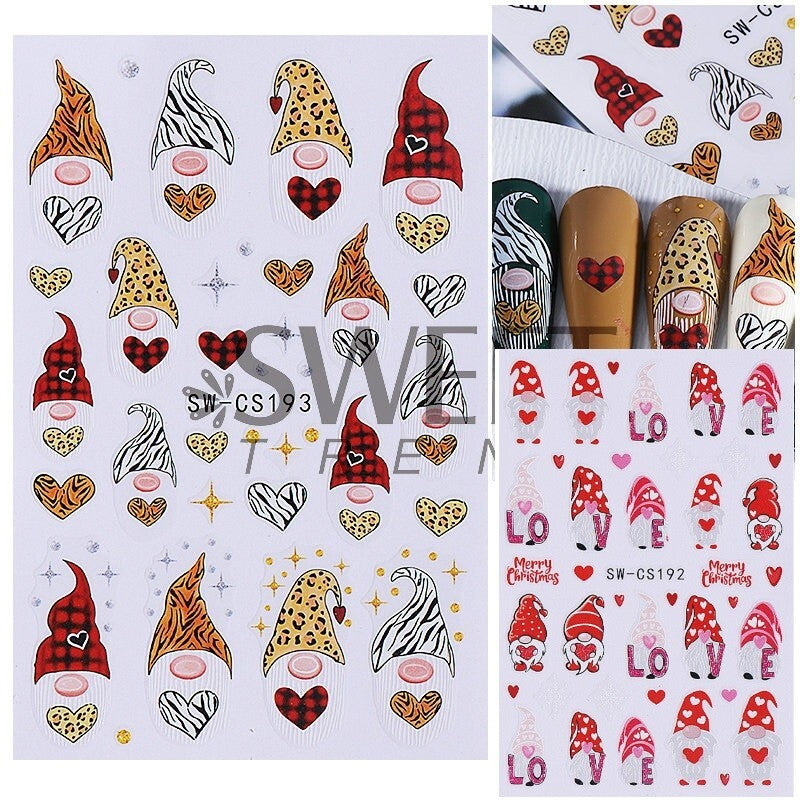 2Pcs Leopard Christmas Gnome Nail Art Stickers Self-Adhesive Decals