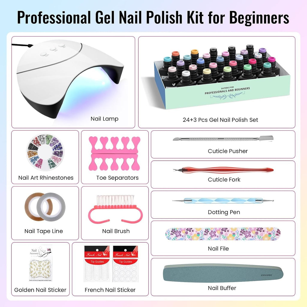 24 Color Gel Nail Polish Kit with UV Light - Long-Lasting Manicure Set
