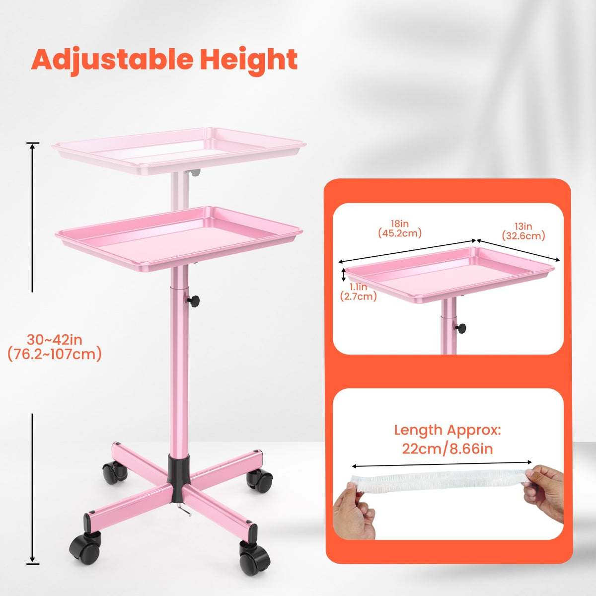 Adjustable Salon Trolley Cart on Wheels Pink Aluminum Mobile Service Tray