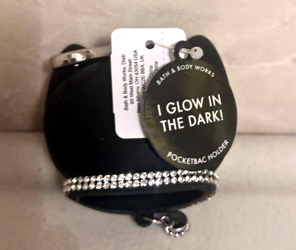 Halloween Cat Jeweled Pocket-Bac Holder with Green Eyes - Hand Sanitizer Keychain Accessory