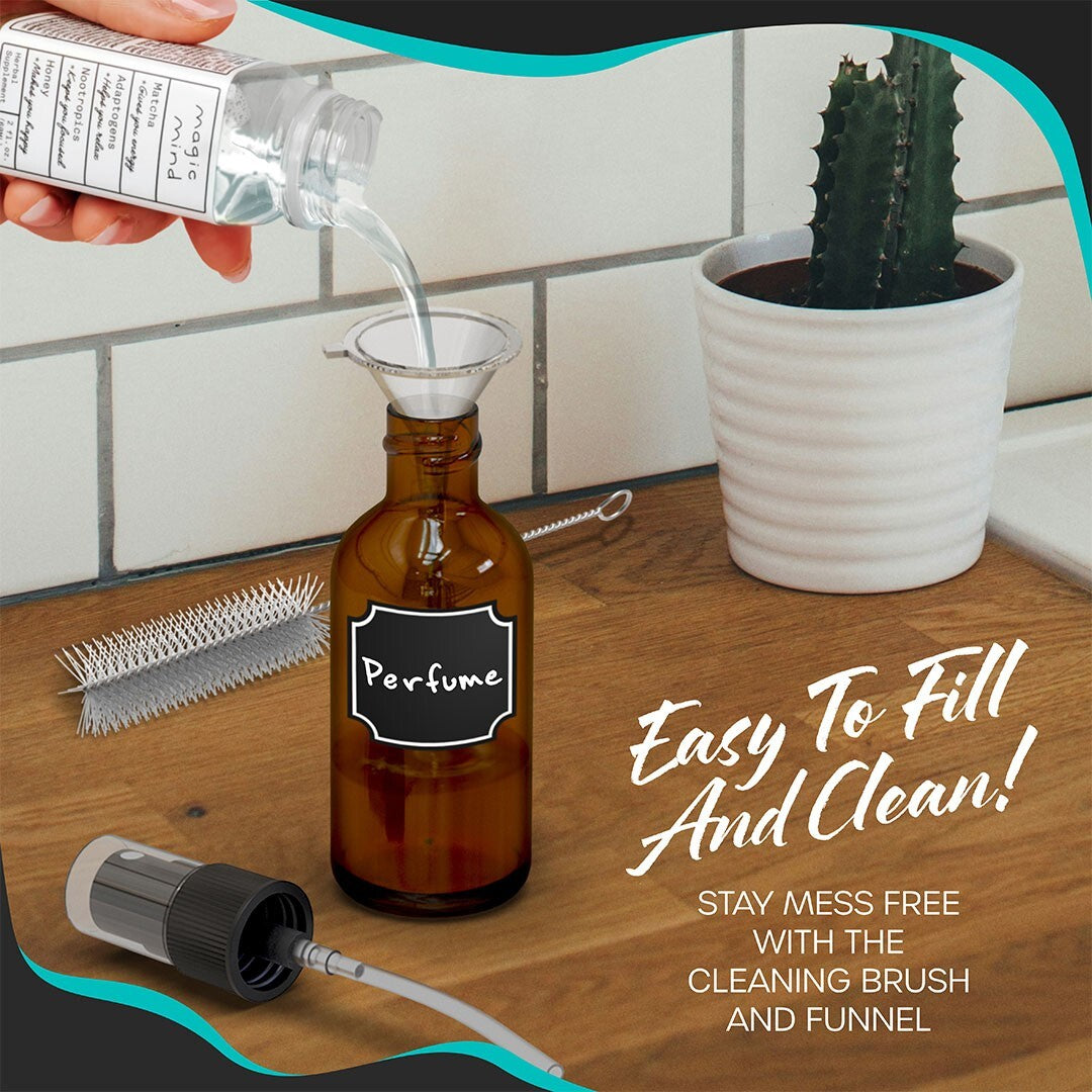 Amber Glass Spray Bottles Set of 48 - Refillable Travel Size with Funnel & Labels