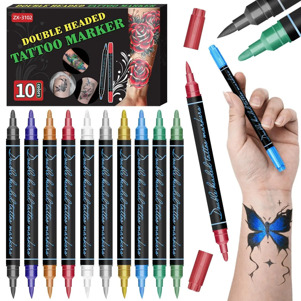 Dual-Tip Temporary Tattoo Marker Set – 10 Skin-Safe Body Art Pens
