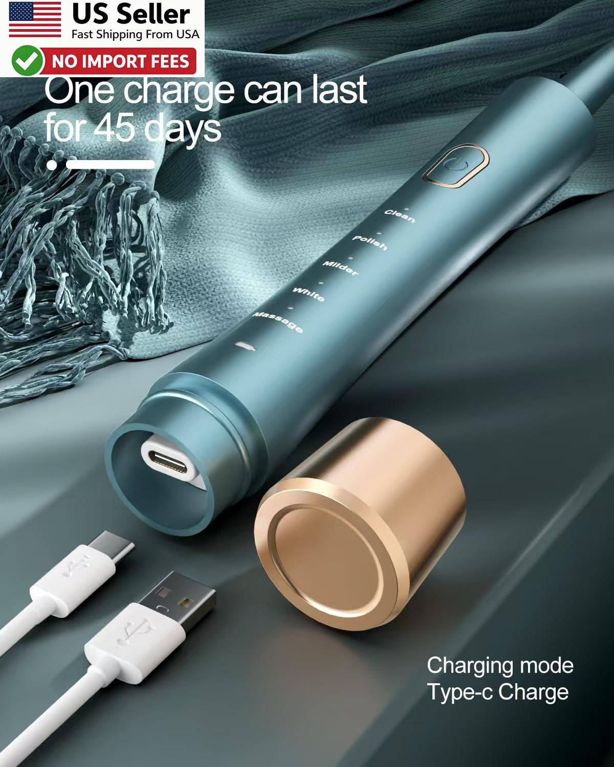USB Rechargeable Sonic Electric Toothbrush for Adults 5 Modes Green