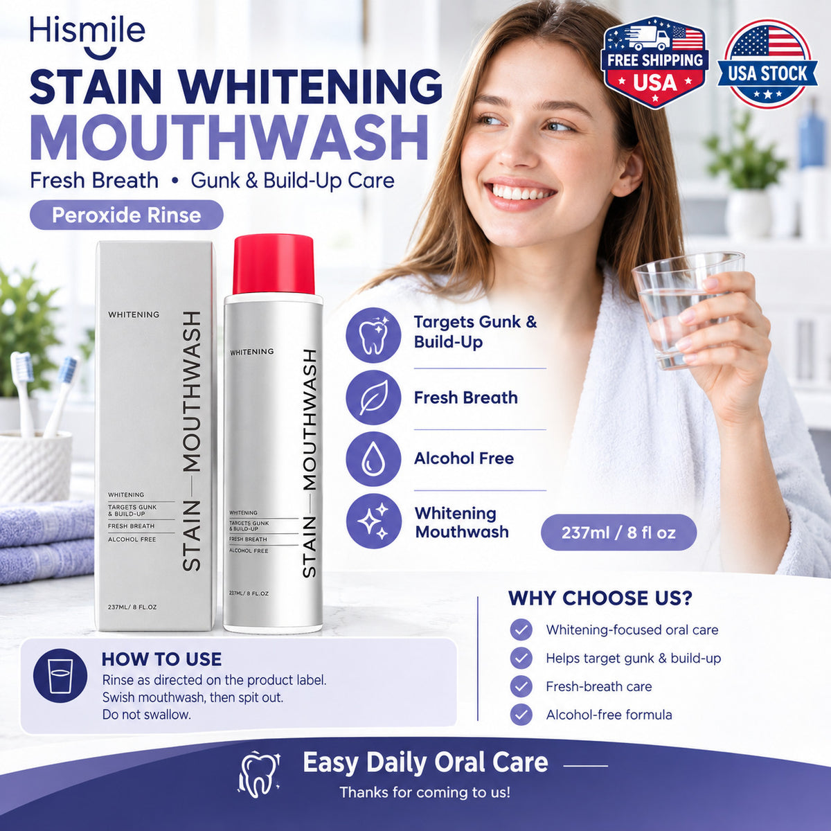 Whitening Mouthwash for Stain Removal & Fresh Breath - 237ml