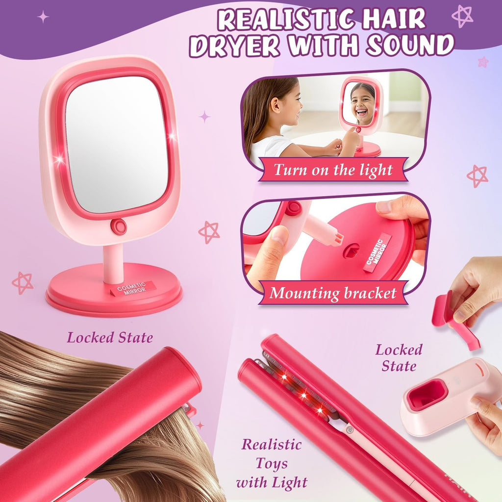Kids Hair Salon Play Set with Carrying Case, Lights & Accessories for Girls