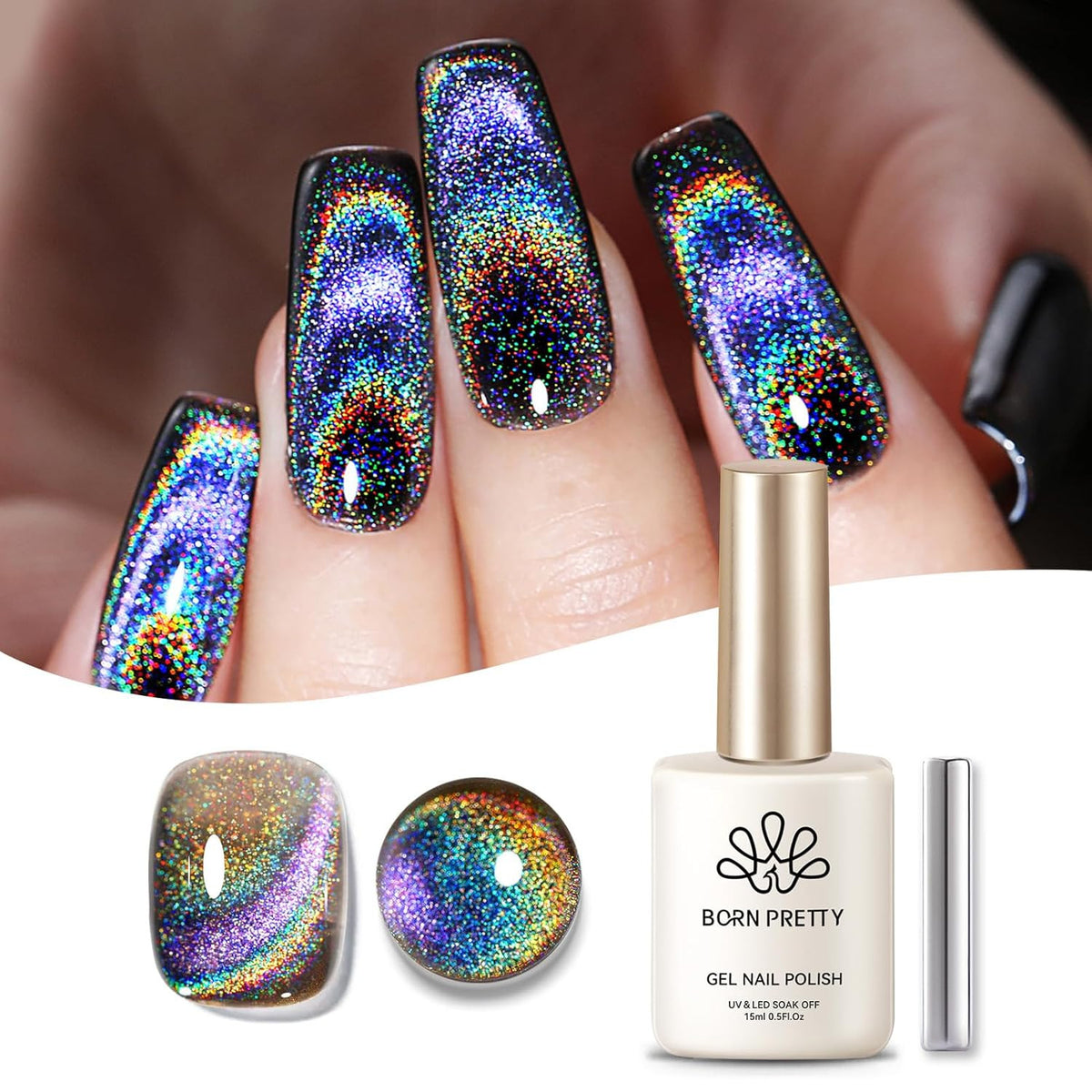 Magnetic Cat Eye Gel Nail Polish with Holographic Rainbow Effect - 15ml