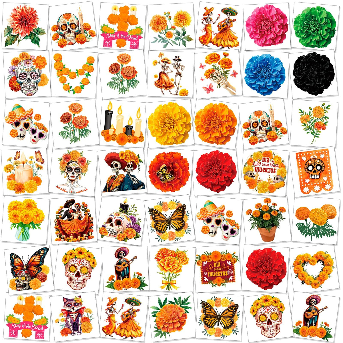 80pcs Day of the Dead Marigold Floral Temporary Tattoos for Halloween & Party Age-Defying Body Art