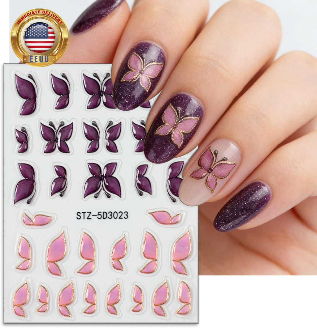 Butterfly Nail Art Stickers Set - 2 Sheets 3D Gold & Purple Decals for Manicure