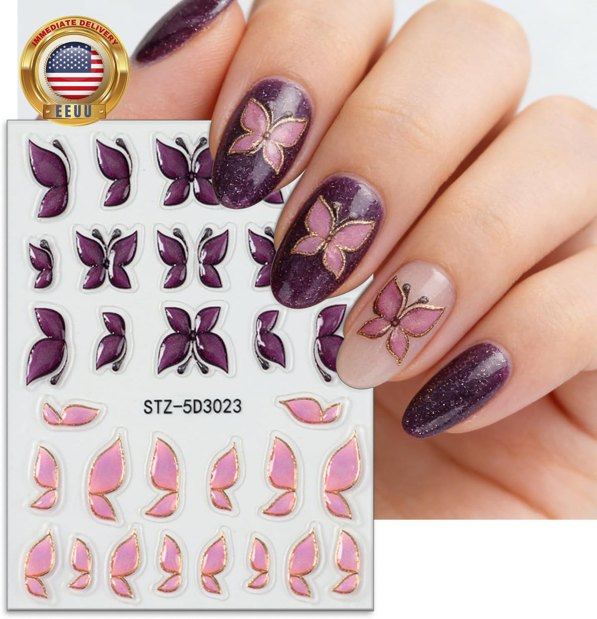 Butterfly Nail Art Stickers Set - 2 Sheets 3D Gold & Purple Decals for Manicure