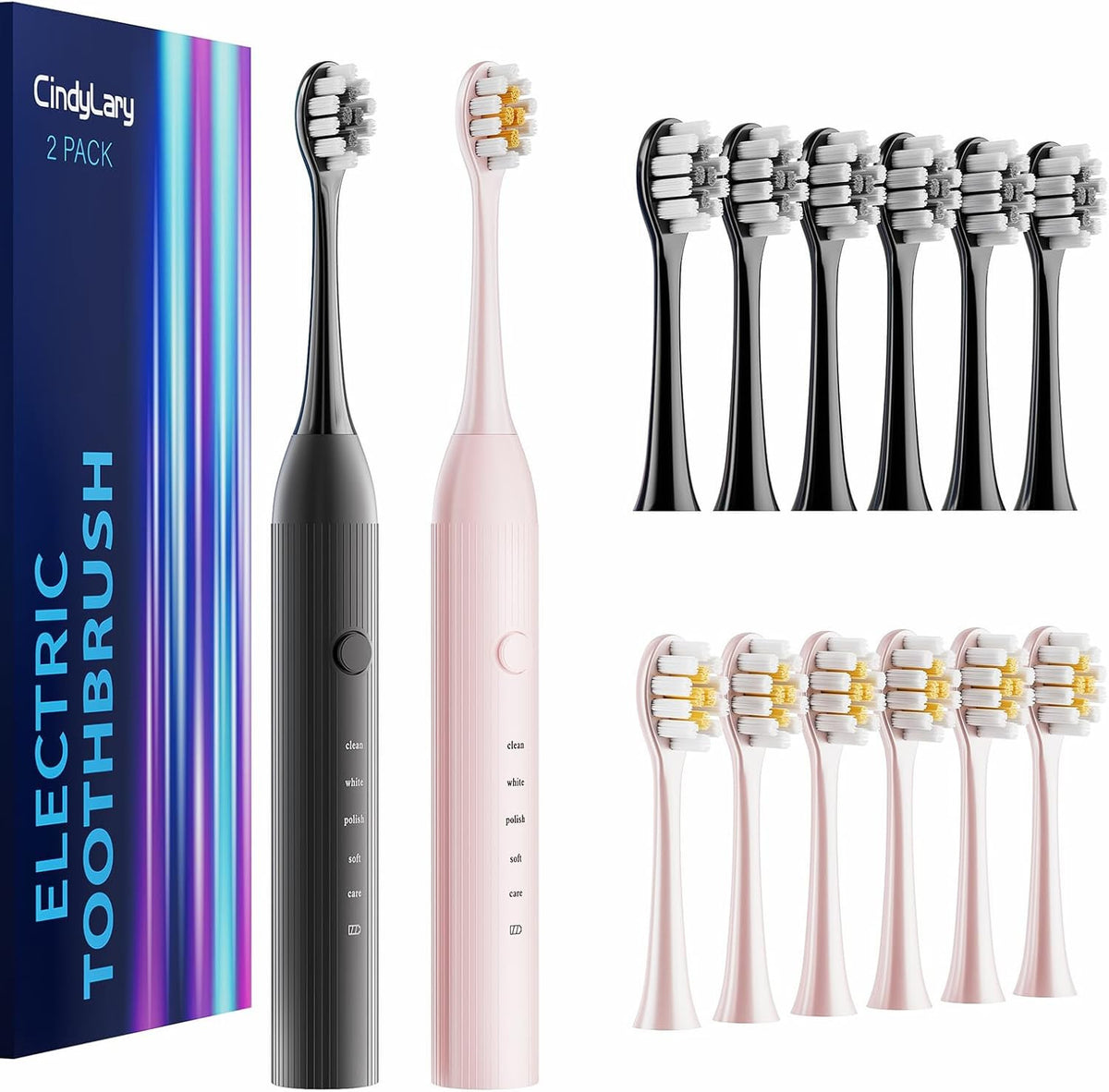 Electric Toothbrush Set with 12 Replacement Heads, 5 Modes, 2 Pack