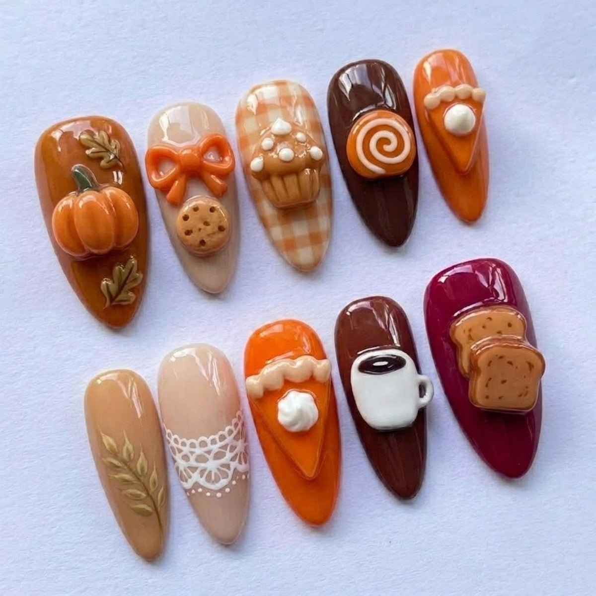 Autumn 3D Handmade Nail Art Set | Fall Dessert Pumpkin & Coffee Design
