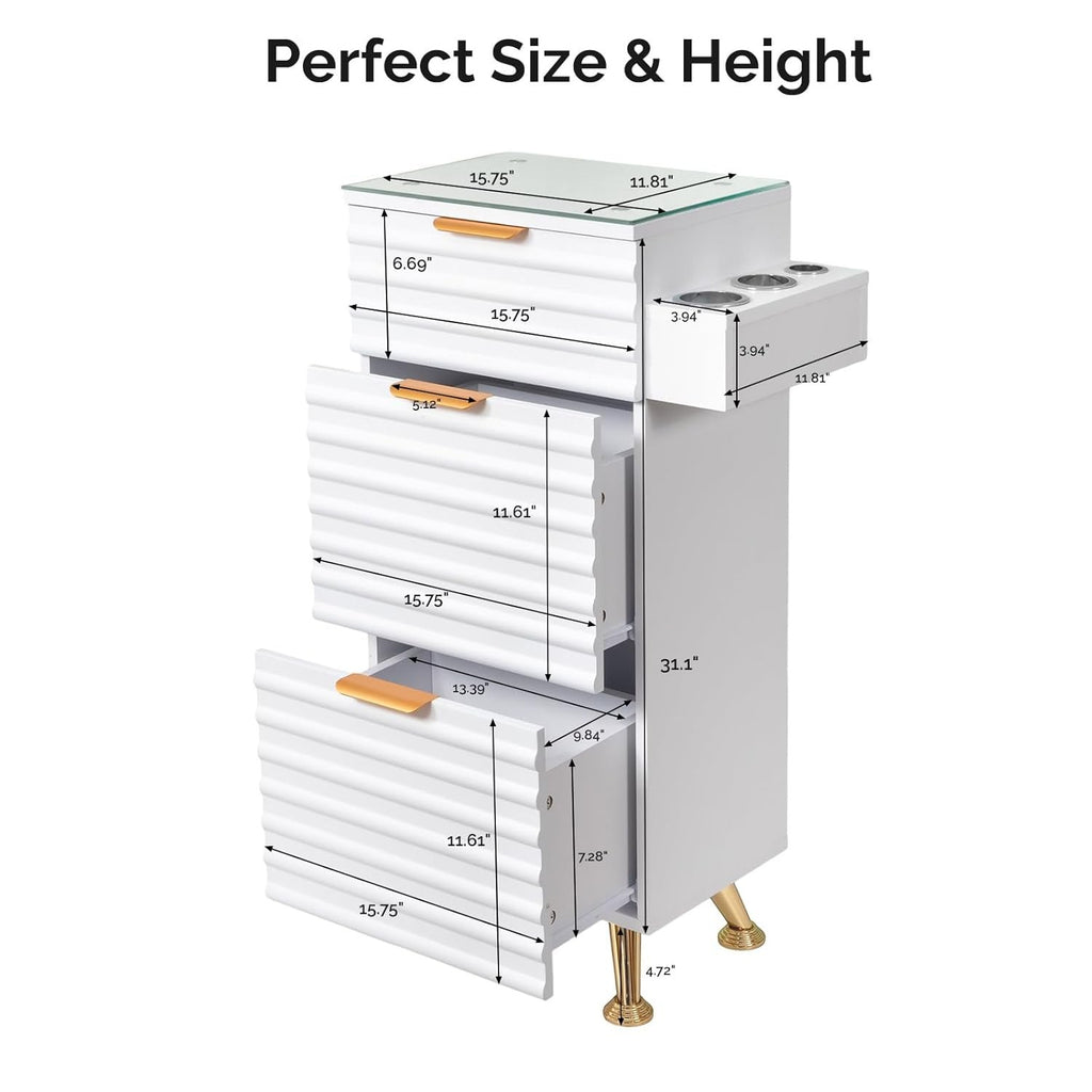 Salon Styling Station with Glass Top and Storage Drawers for Hair & Barber Shops