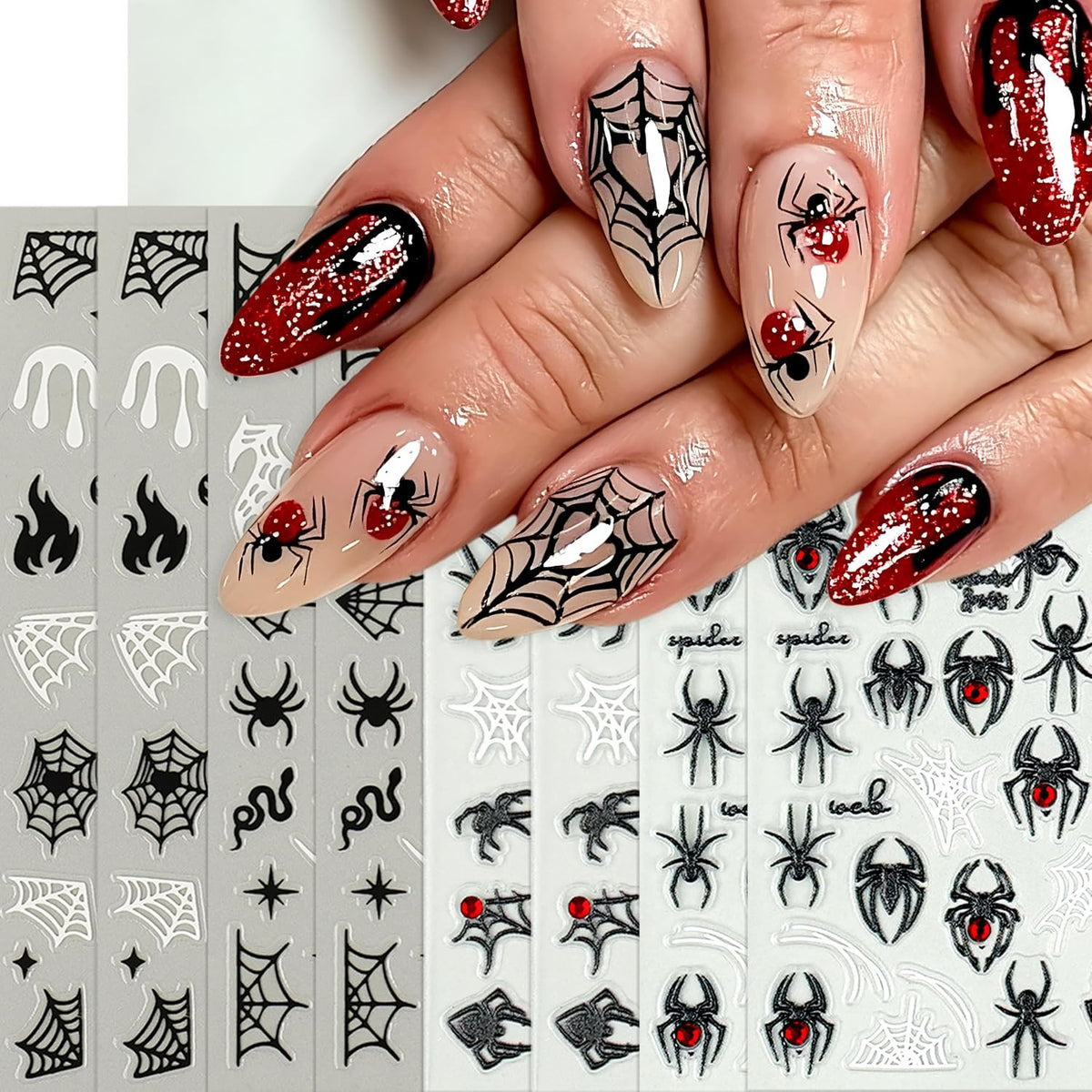 Halloween Nail Stickers 8 Sheets Spider Web Black & White Nail Art Decals