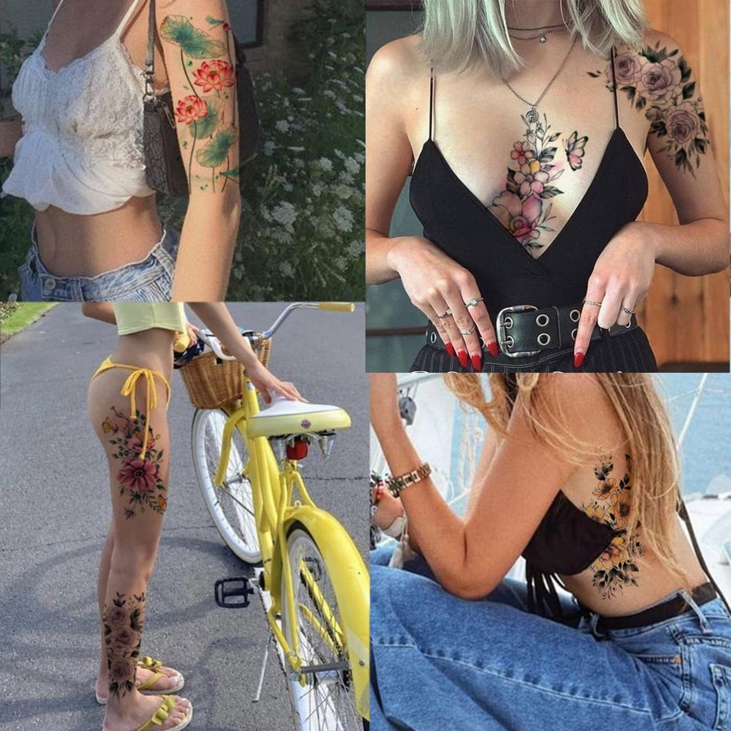 Watercolor Flower Temporary Tattoos Set - 10 Large Sheets for Women & Teens