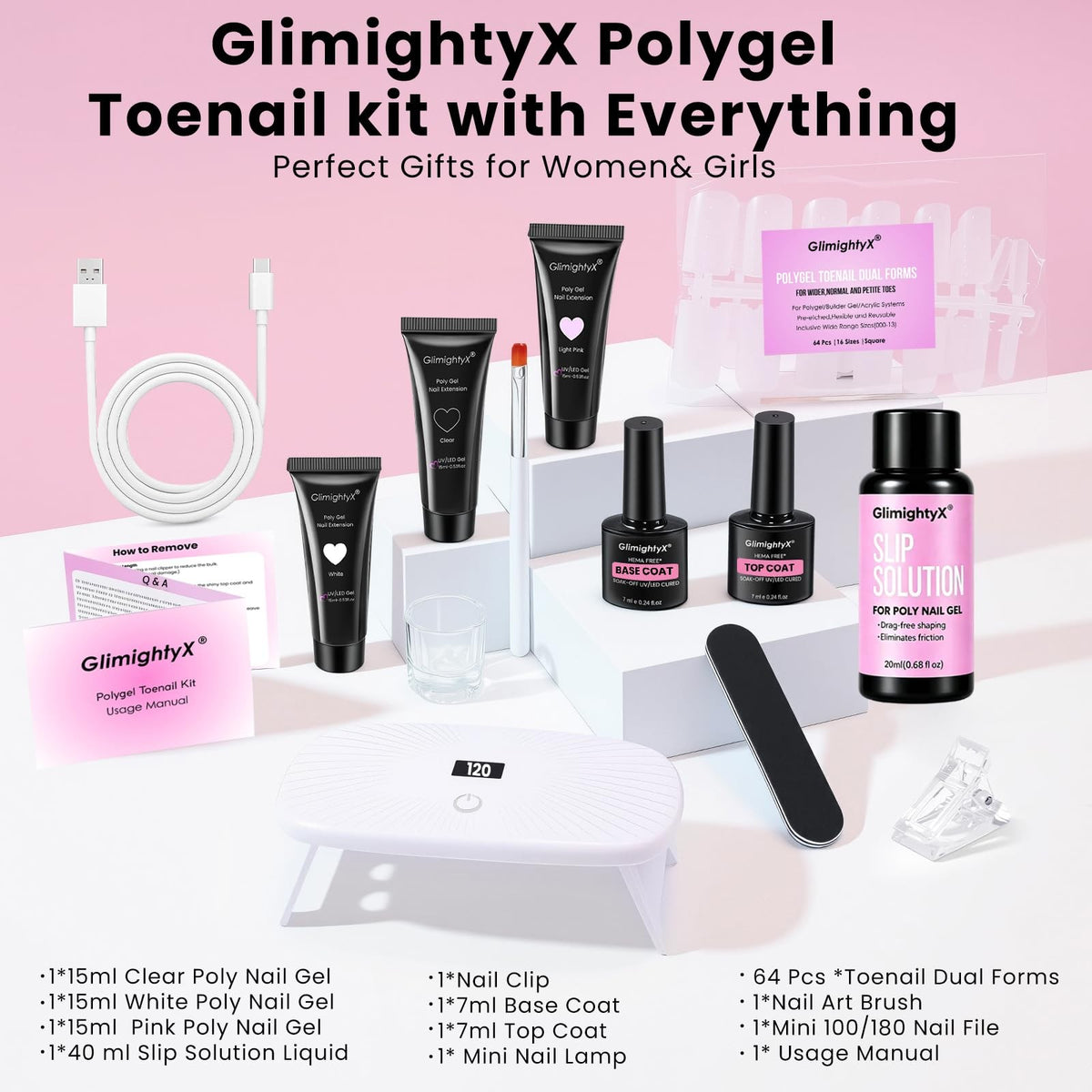 Polygel Toenail Starter Kit with UV Light & Full Set of Nail Supplies