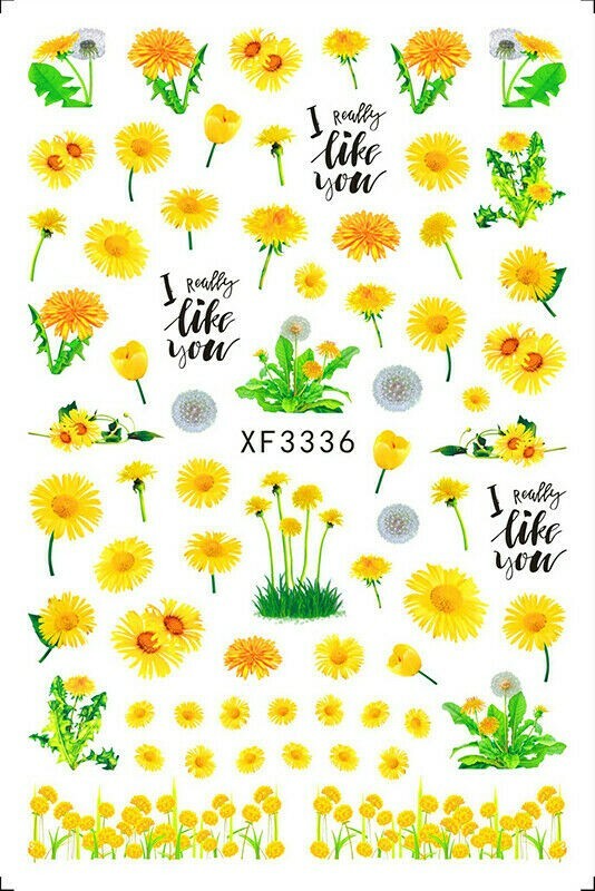 3D Nail Art Decal Stickers - Yellow Dandelion & Green Leaves